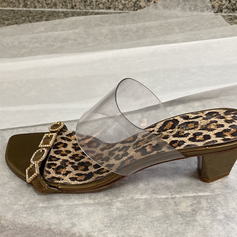 Beverly Feldman Sandals Metallic Gold with Rhinestone Strap/Clear PVC Strap. - Picture 2 of 8